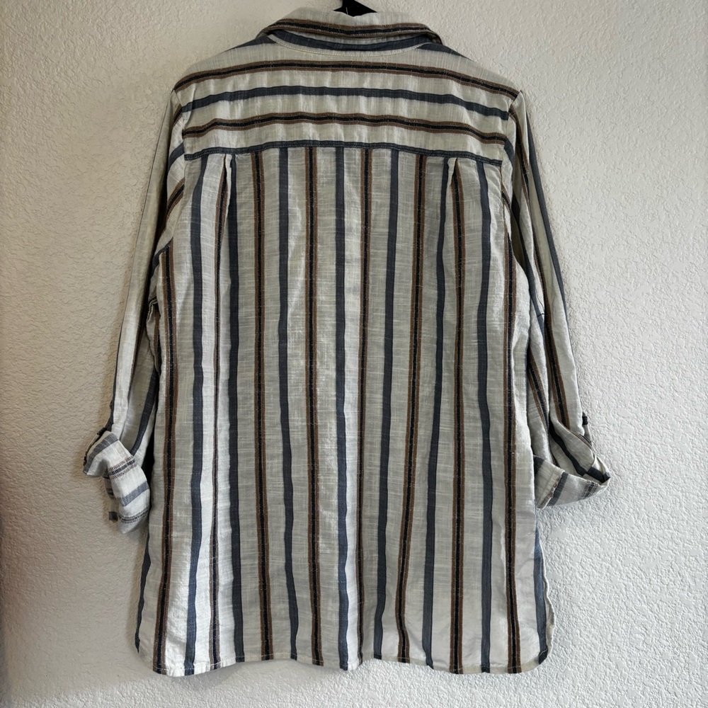 Ruby Rd. Beige, Cream and Gray Striped Blouse with Buttons - Picture 5 of 6